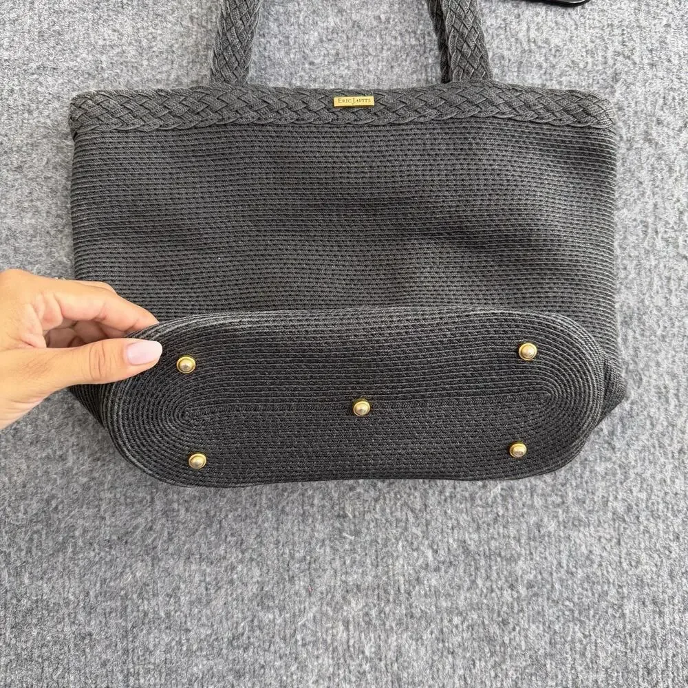 Eric Javits Straw Tote Shoulder Bag Gray Gingham Zip Top Minimalist Casual Chic